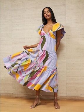 La Ligne Stella Tiered Ruffle Flutter Sleeve Cotton Midi Dress in Lavender Swirl